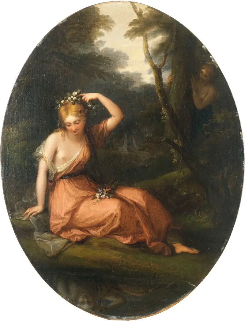 Silvia smyckar sig med blommor medan Daphne betraktar av Angelica Kauffmann
