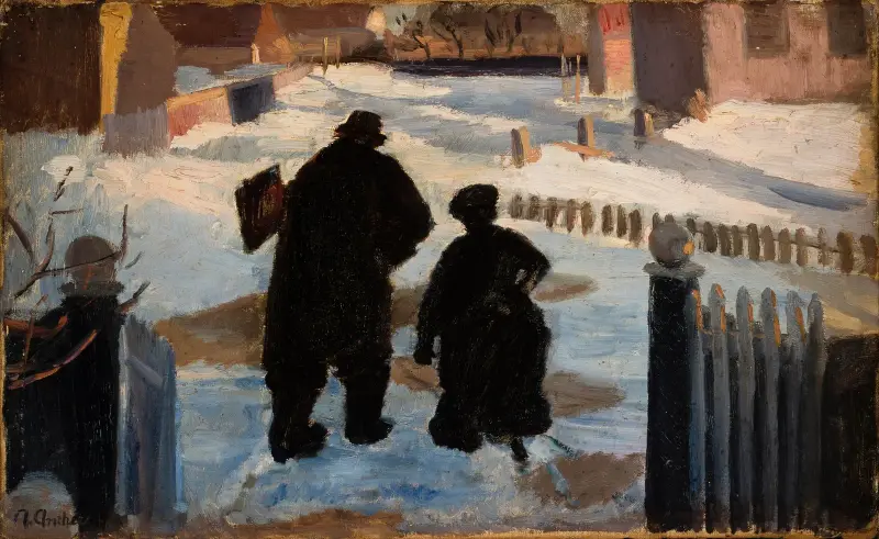 Michael Ancher på väg till sin ateljé i sällskap med organisten Helene Christensen av Anna Ancher
