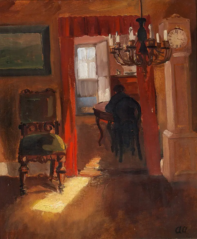 Skageninteriör med en solstråle på golvet av Anna Ancher