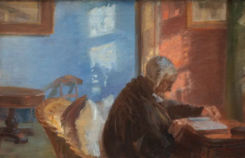 Konstnärens mor Ane Hedvig Brøndum i det röda rummet av Anna Ancher