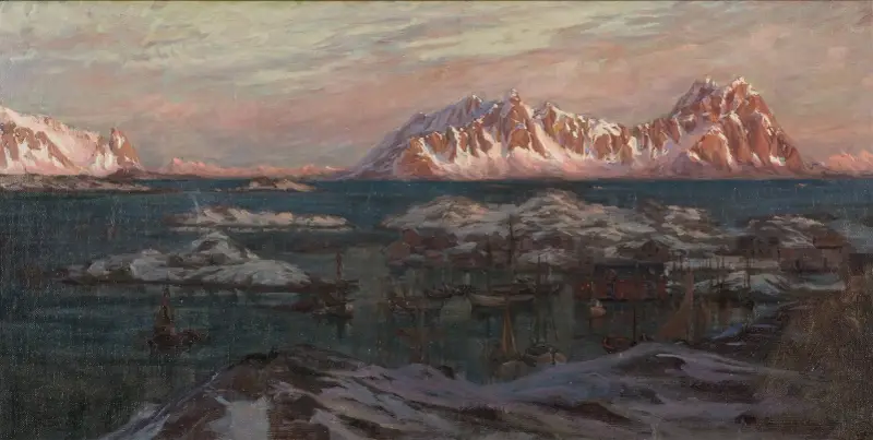 Fischerhafen mit sonnenbeschienenen Bergen. Studie aus Nordnorwegen von Anna Boberg