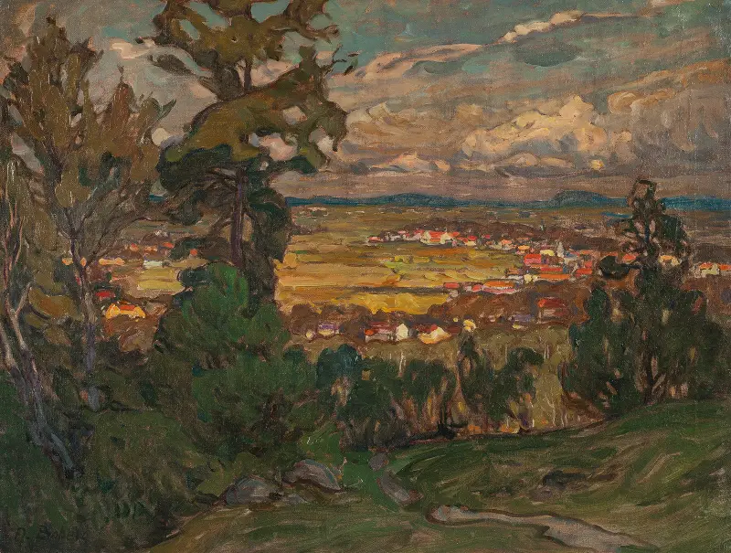 Landschaft mit Dorf. Studie aus Nordnorwegen von Anna Boberg