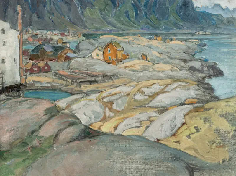 Das Dorf am Fuße des Berges. Studie aus Lofoten von Anna Boberg
