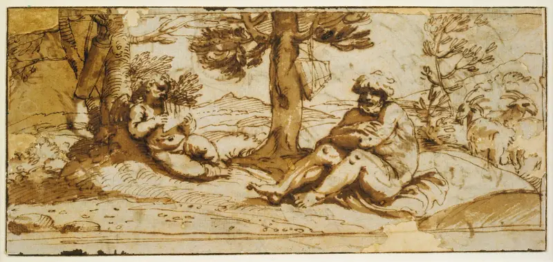 Amor spelande flöjt och Silen i ett arkadiskt landskap av Annibale Carracci