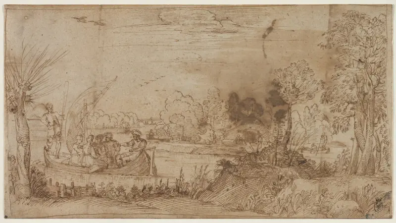 River Landscape with Boats av Annibale Carracci