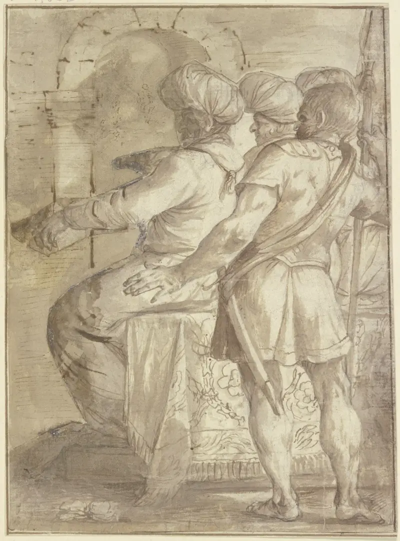 Två turkar på en tron, vända åt vänster, bakom dem en väktare med stödd spjut, alla figurer i trekvartsrygg av Annibale Carracci