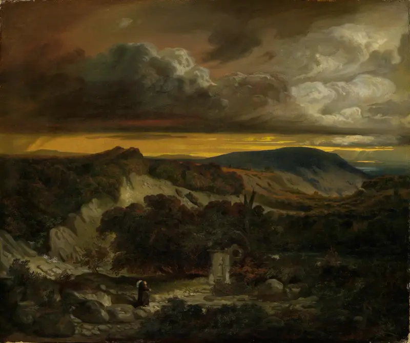 Aftonlandskap med hemvändande eremit av Anselm Feuerbach