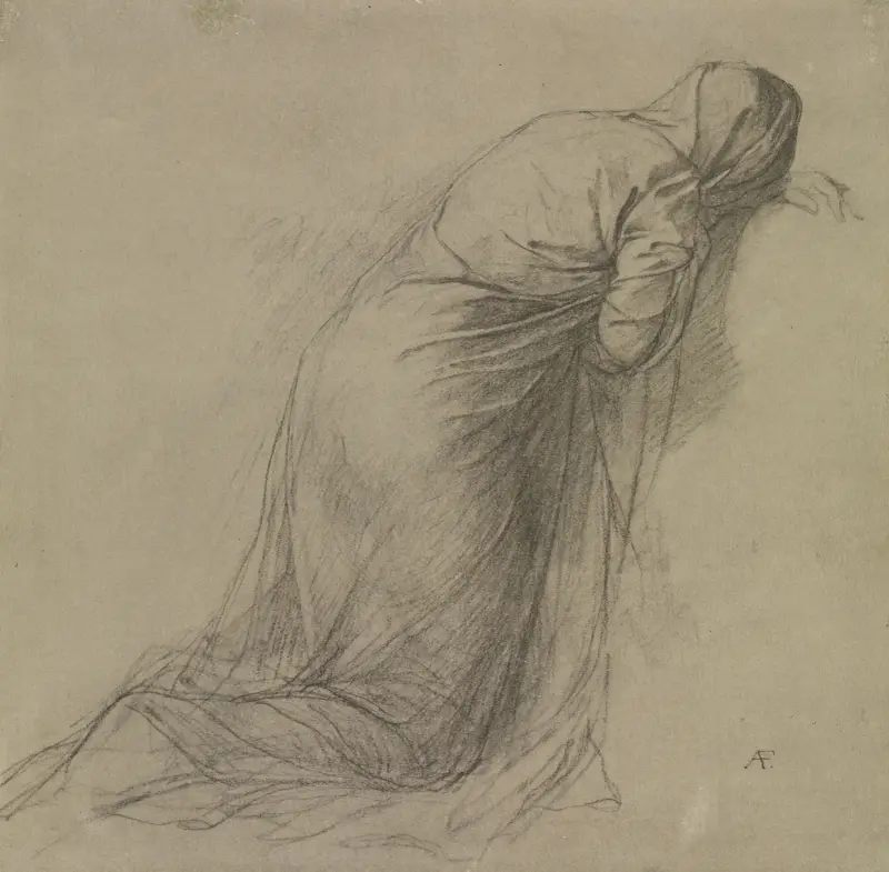Dräktstudie av en knäböjande, beslöjad kvinnogestalt vänd åt höger av Anselm Feuerbach