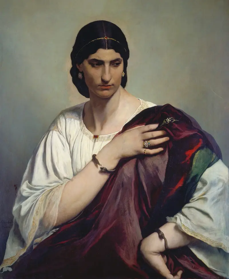 Lucrezia Borgia, porträtt av en romersk kvinna i vit tunika och röd dräkt av Anselm Feuerbach