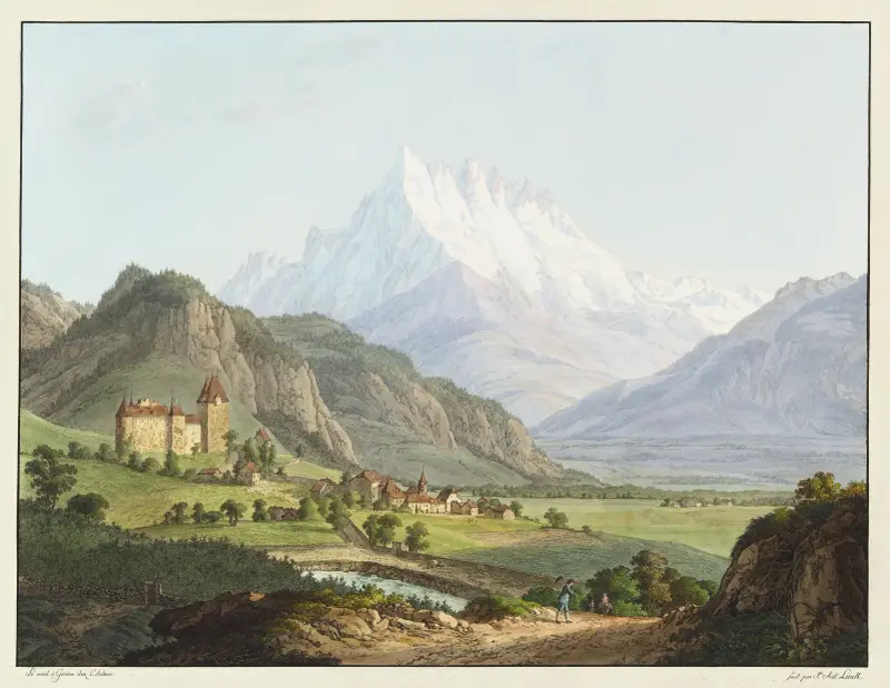 Vy över Dent du Midi och slottet i Lanex av Jean-Antoine Linck