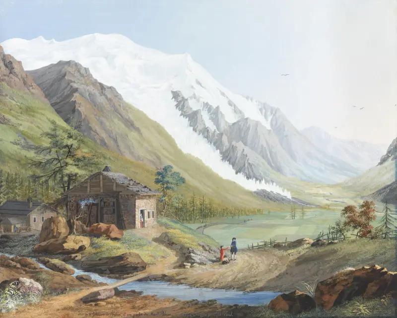 Vy över Bossons glaciär och en del av Mont Blanc av Jean-Antoine Linck