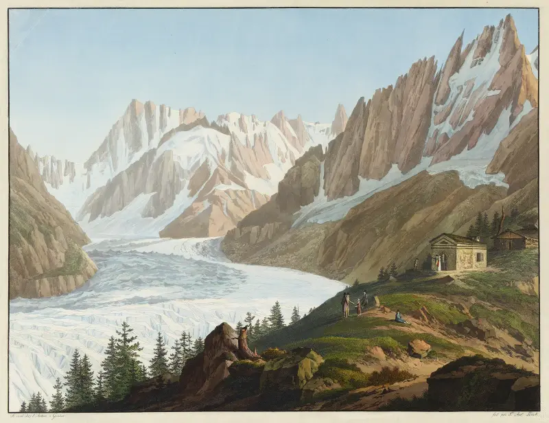 Blick auf das Mer de Glace, die Aiguilles des Charmoz, du Géant, die Grande Jorasse und die Hospize auf dem Gipfel des Montanvert von Jean-Antoine Linck