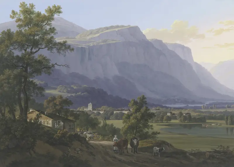 Blick auf die Stadt St. Jeoire, 5 Lieues von Genf, und die Berge Machily und Fausigny von Jean-Antoine Linck