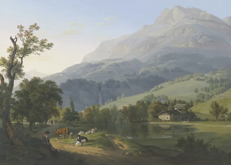 Vy över Aiguille de Varens från vattenfallet vid Chêde och byn med samma namn, sedd från vägen mellan Chêde och Pont des Chèvres av Jean-Antoine Linck