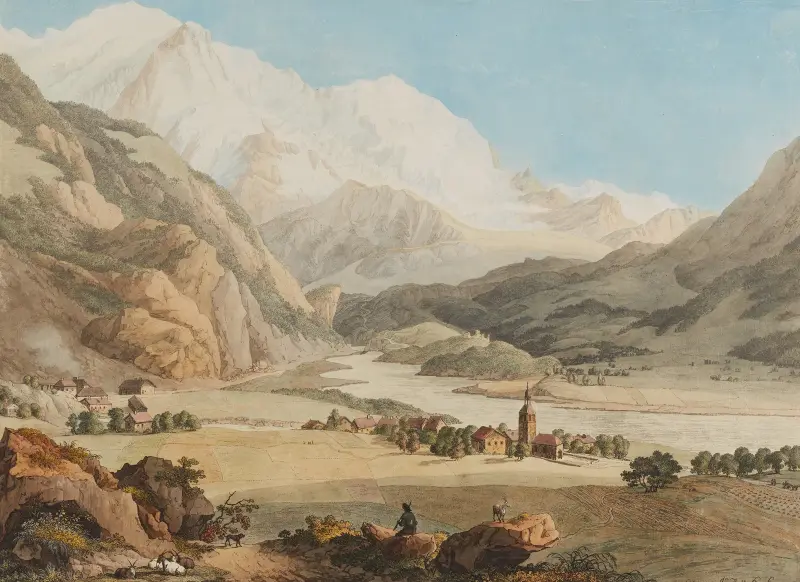 Vy över Servoz, Aiguille du Goûté och Bionnassay-glaciären av Jean-Antoine Linck