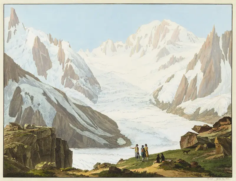 Blick auf den Mont Blanc, die Aiguilles du Midi, die Blaitières, den Géant und den Glacier du Tacul, aufgenommen vom Gipfel des Rocher du Couvercle von Jean-Antoine Linck