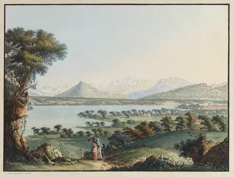 Utsikt över Mont Blanc och en del av Genève av Jean-Antoine Linck