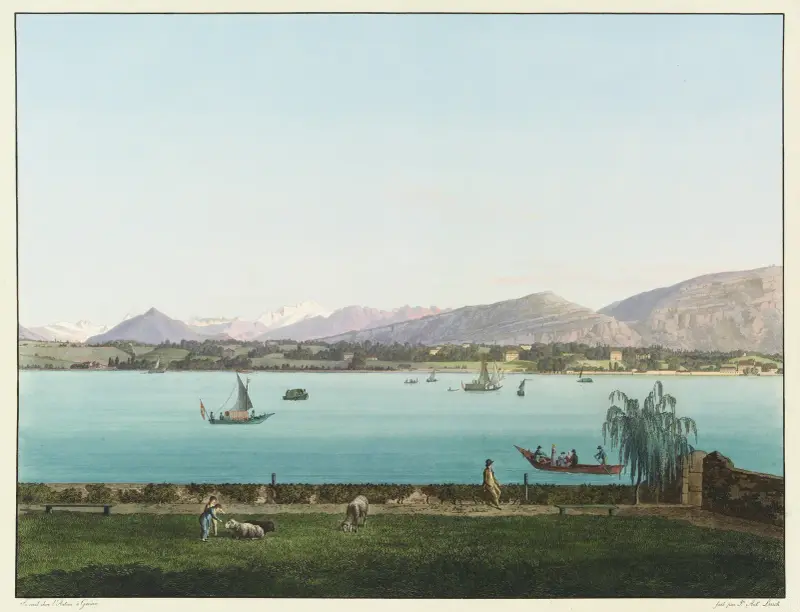 Blick auf den Mont Blanc vom Landgut des Herrn Hentsch in Sécheron bei Genf von Jean-Antoine Linck