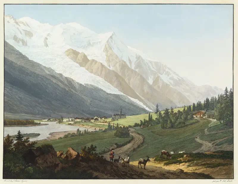 Utsikt över Chamouni-prioratet, Mont-Blanc, Aiguille du Goûter och Buissons-glaciären av Jean-Antoine Linck