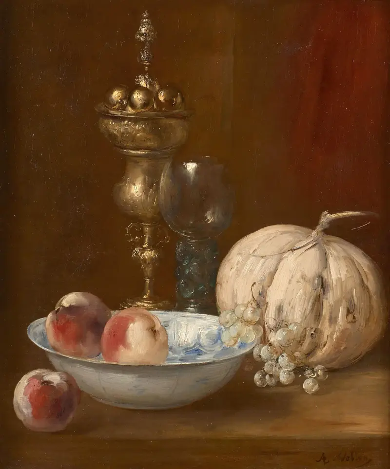 Melone, Obstschale und Silbergefäß auf einem Tisch von Antoine Vollon