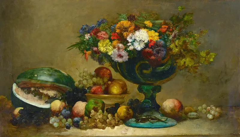 Stilleben med blommor och frukt av Antoine Vollon