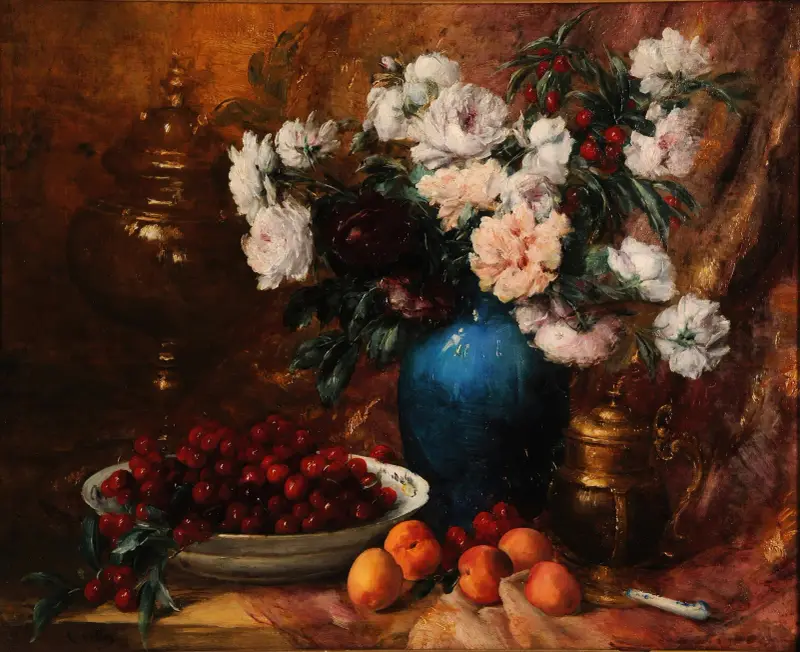 Vas, blommor och frukt av Antoine Vollon
