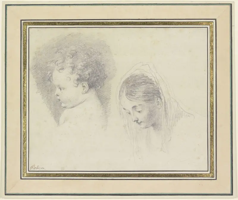 Barnhuvud i profil åt vänster och huvud av ung kvinna med sänkt blick av Jean-Antoine Watteau