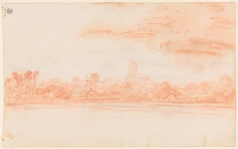 Landskap med kyrktorn av Jean-Antoine Watteau