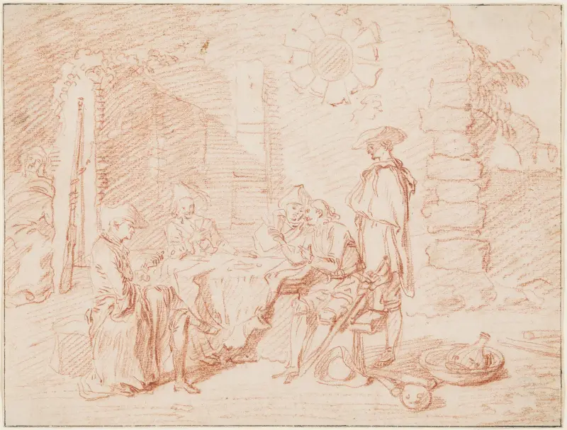 Soldater som spelar kort i en ruin av Jean-Antoine Watteau