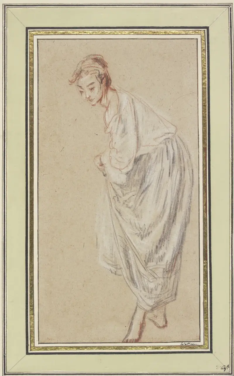 Stehendes Mädchen; barfuß, ihren Rock hebend von Jean-Antoine Watteau
