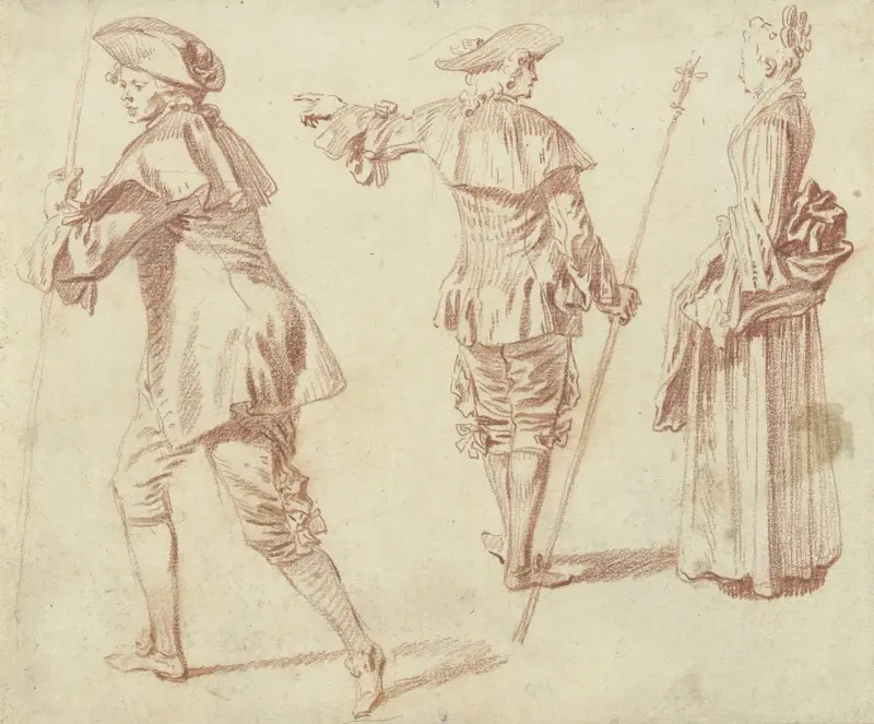 Två pilgrimer och en stående kvinna i profil av Jean-Antoine Watteau