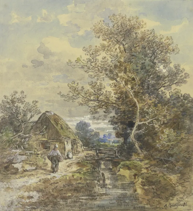 Baum und Bauernhaus am Bach mit einer Frau von Anton Burger