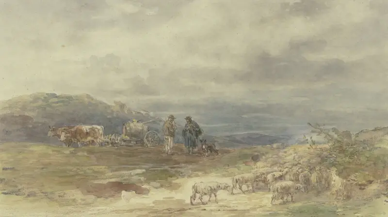 Landschaft mit Schafherde und Ochsenfuhrwerk von Anton Burger