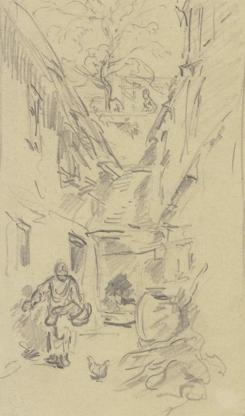 Little farm with woman av Anton Burger