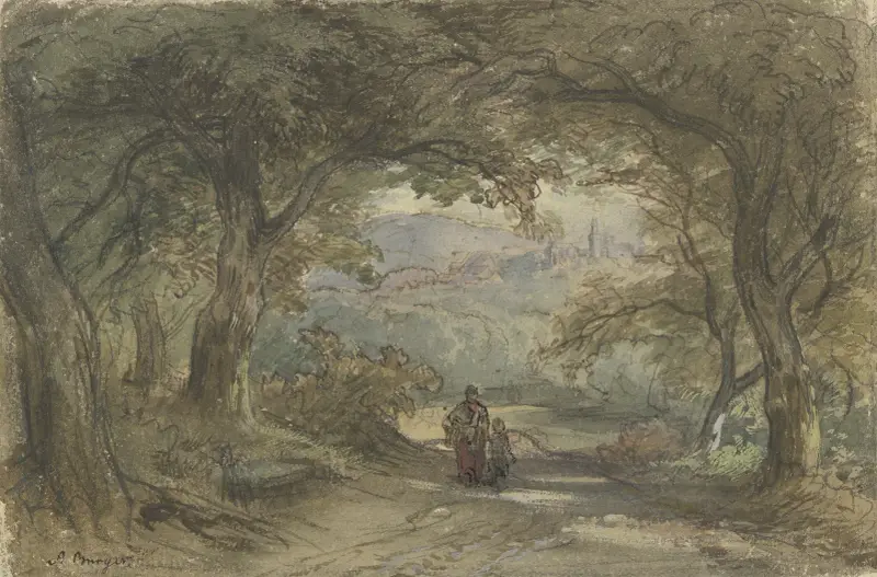 Waldweg mit Ausblick auf ein Dorf von Anton Burger