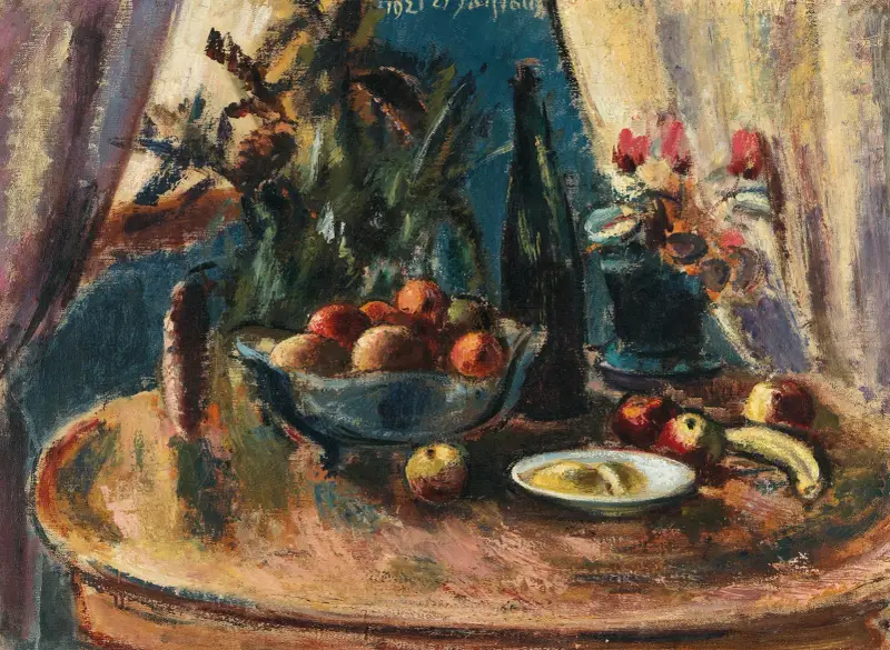 Stilleben med frukter och vinflaska av Anton Faistauer