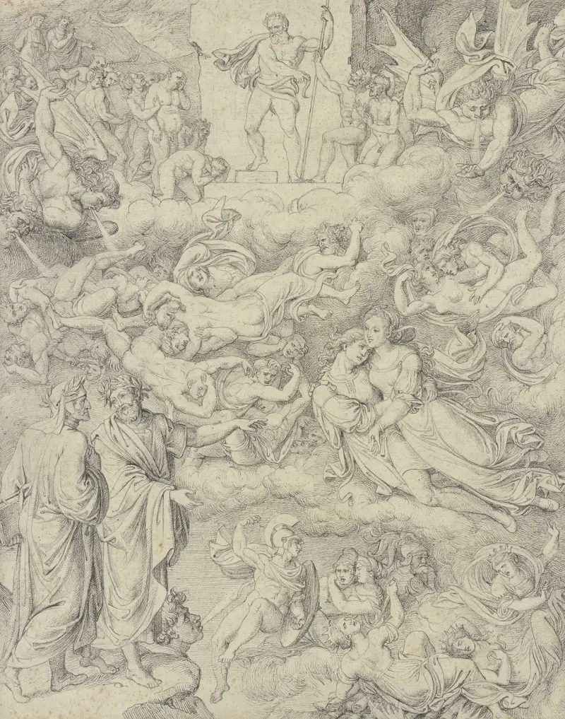 Dante och Vergilius ser Paolo och Francesca, ovanför helvetesdomaren Minos av Joseph Anton Koch