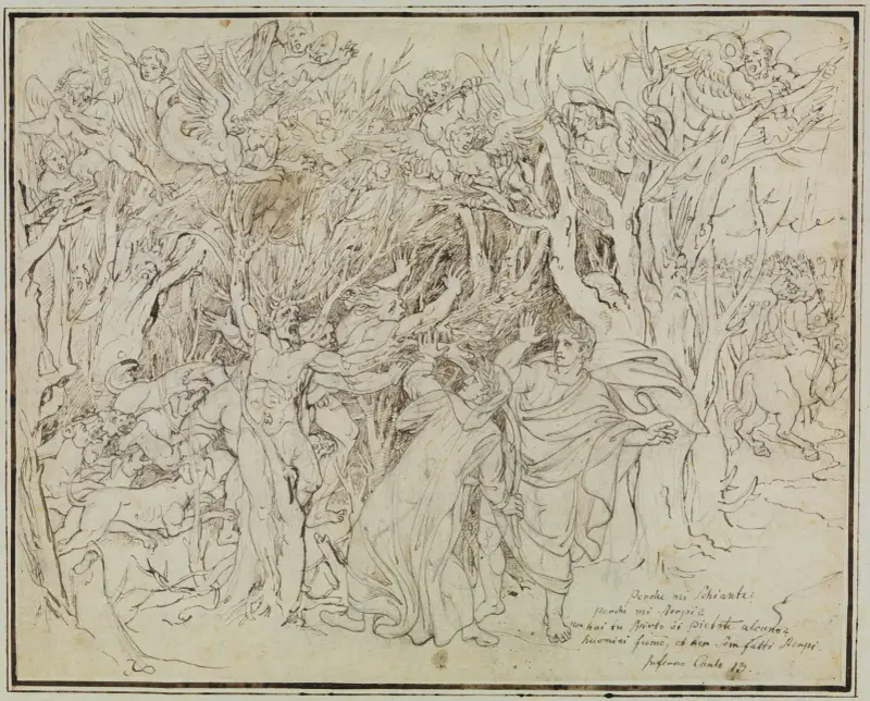 Dante och Vergilius i de självmördas skog (Dante, Inferno, Canto 13) av Joseph Anton Koch