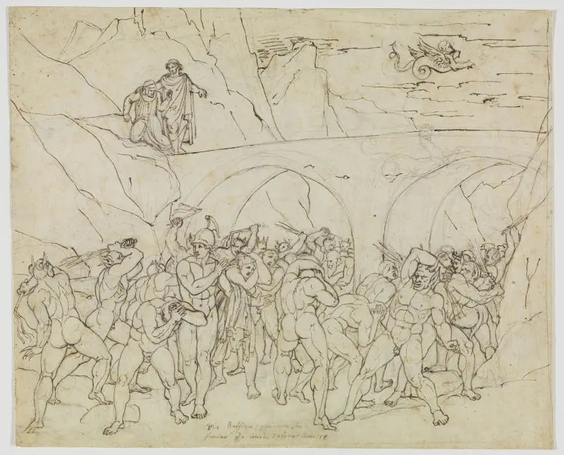 Kopplare, bedragare och smickrare piskas av djävlar (Dante, Inferno, Canto 18, v. 79) av Joseph Anton Koch