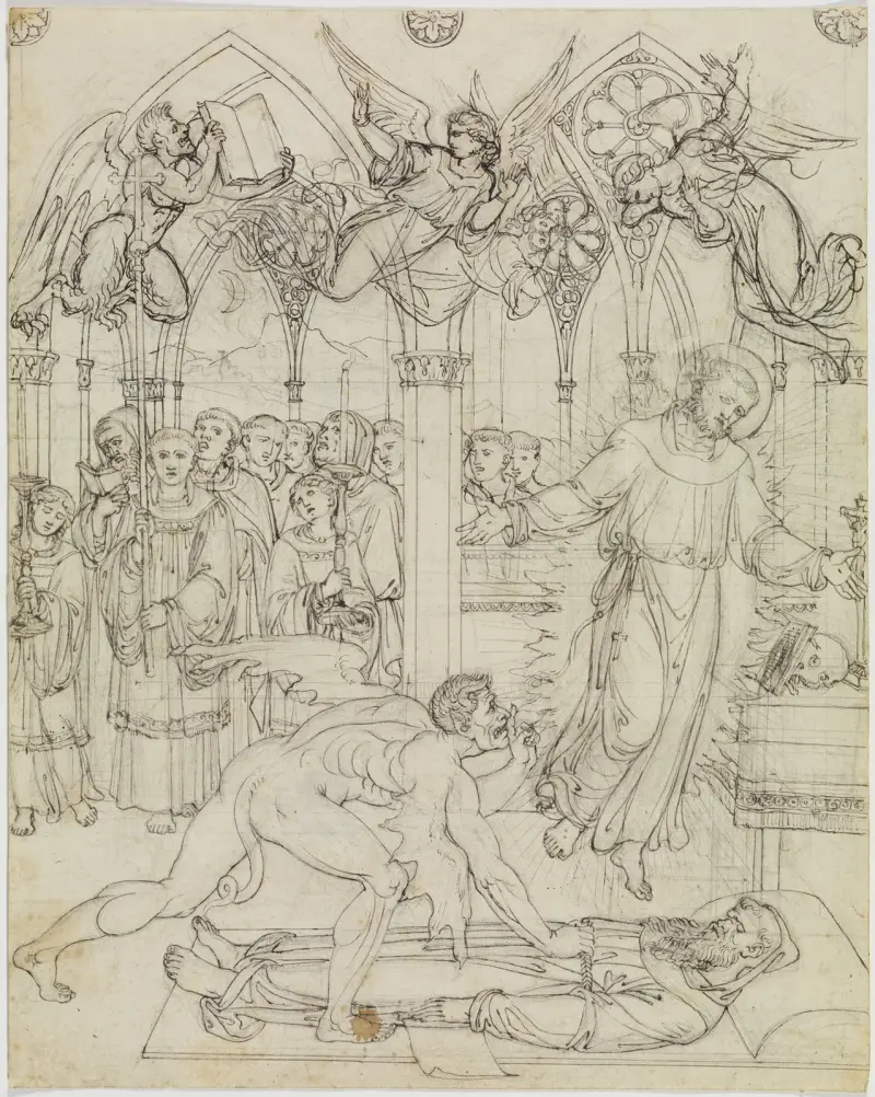 Streit des heiligen Franziskus mit dem Satan um die Seele des Mönches Guido da Montefeltro (Dante, Inferno, 27. Gesang) von Joseph Anton Koch
