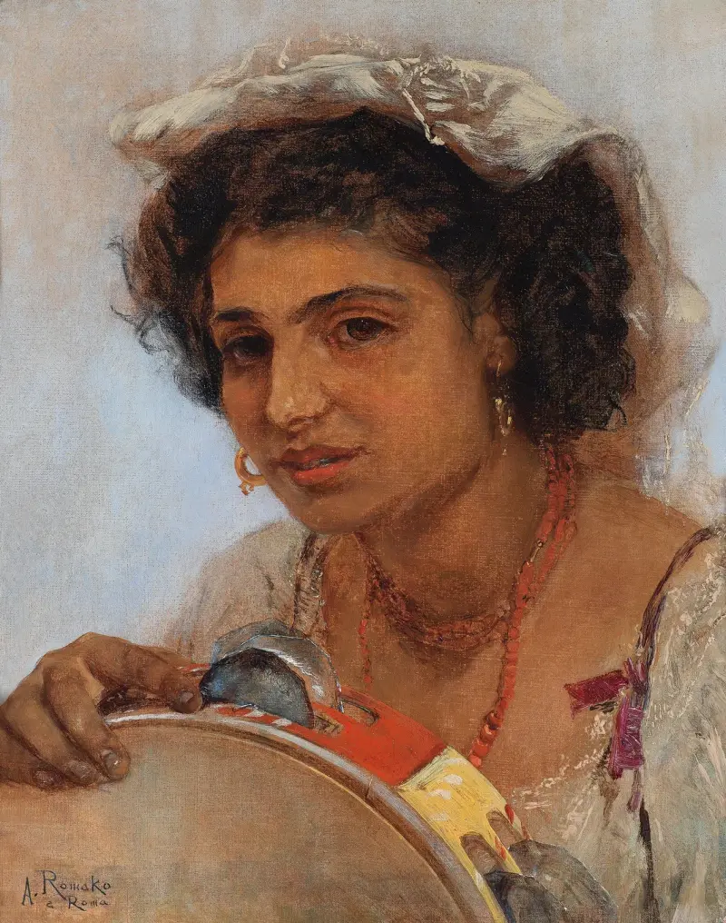 Italienisches Mädchen mit Kopftuch und Tamburin von Anton Romako
