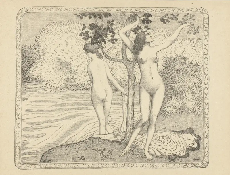 Deux baigneuses nues sous un arbre au bord de l’eau. Eté av Aristide Maillol