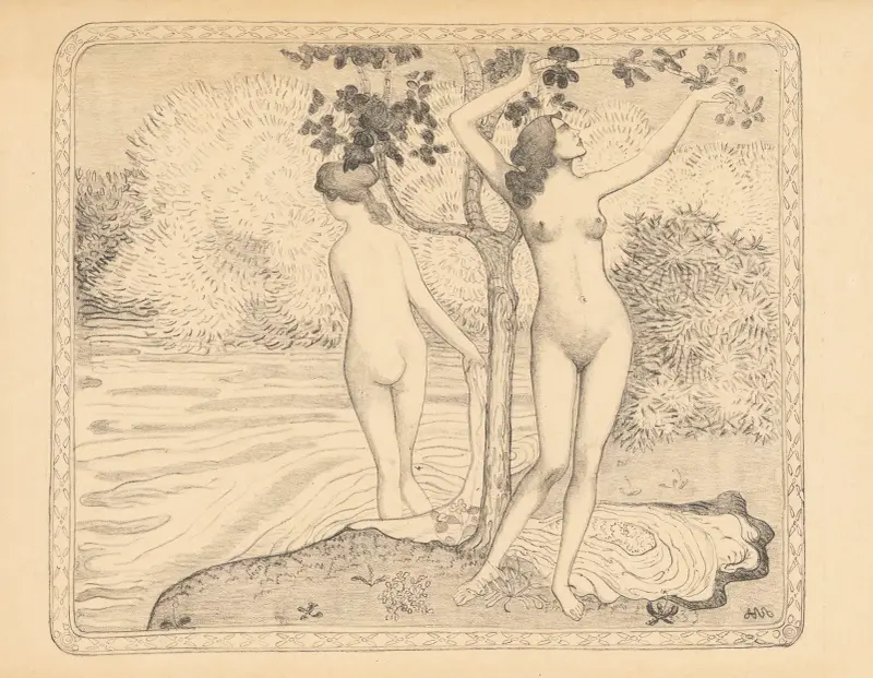 Deux baigneuses nues sous un arbre au bord de l’eau av Aristide Maillol