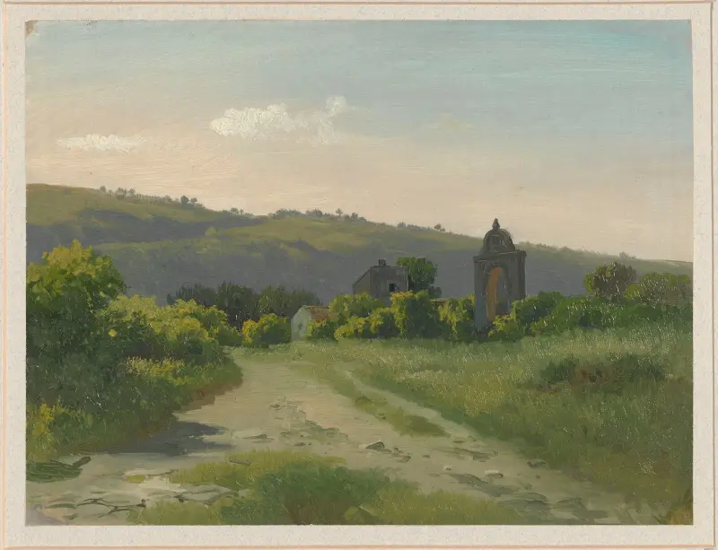 Entry gate and gate structures at the foot of a hill av Arthur Blaschnik