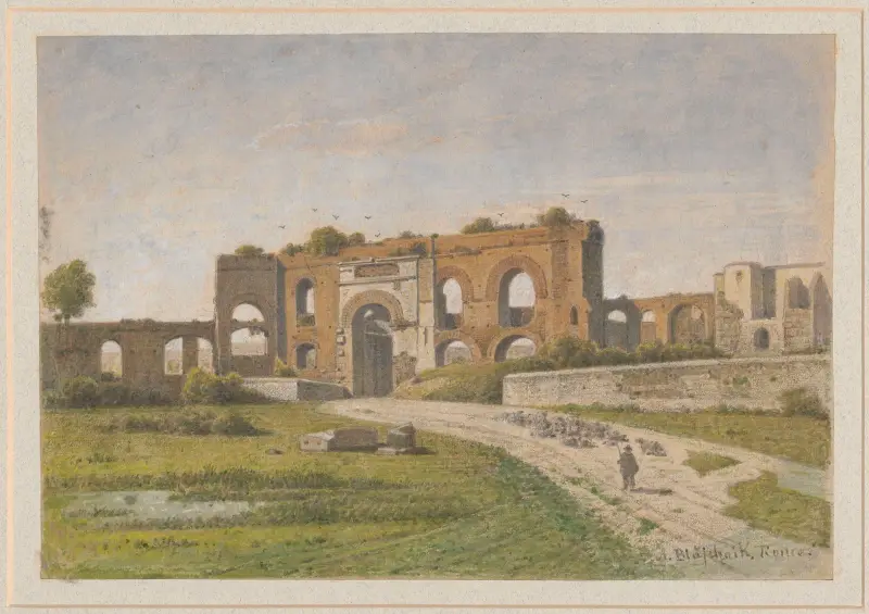 Ansicht eines Aquäduktfragments bei der Porta Maggiore in Rom, von der Seite der Piazza di Porta Maggiore aus gesehen von Arthur Blaschnik