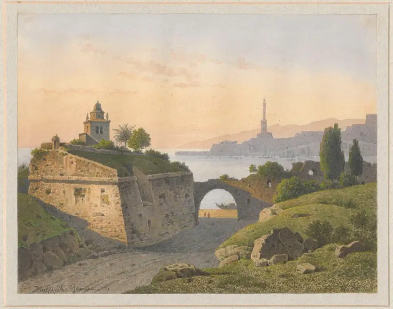 Vy över en hamn i Genua med en fyr i fjärran av Arthur Blaschnik