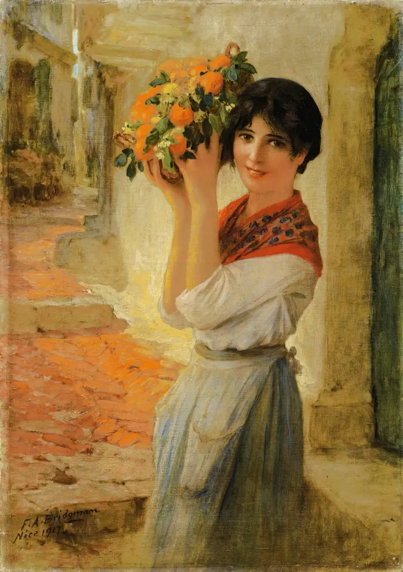 Ung niçoise med korg av Frederick Arthur Bridgman