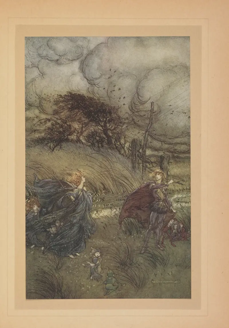 Doch nun können sie nicht mehr in einem Hain oder auf einer Wiese, am Rand einer klaren Quelle oder unter dem flackernden Licht der Sterne zusammenkommen, ohne sich zu streiten von Arthur Rackham