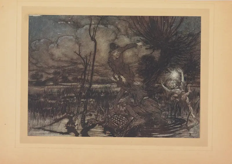 Derjenige, der die nächtlichen Wanderer irreführt und über ihre Missgeschicke lacht von Arthur Rackham