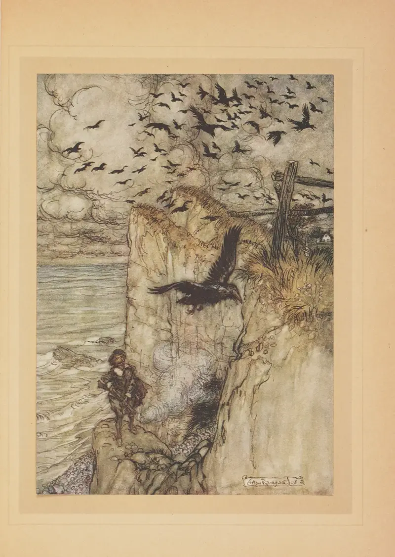 Rödhättade kråkor som vid ett gevärsskott lyfter kraxande av Arthur Rackham